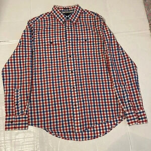 Tommy Hilfiger Navy Blue Red & White Plaid Button Down Shirt Men Size M